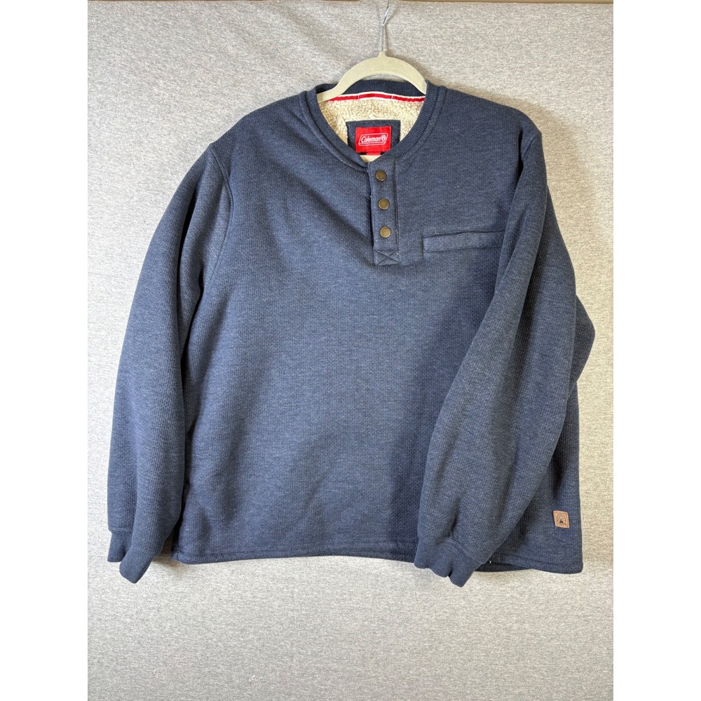 Coleman Mens XXL Navy Blue Waffle Knit Sherpa Lined Henley Sweatshirt Pullover